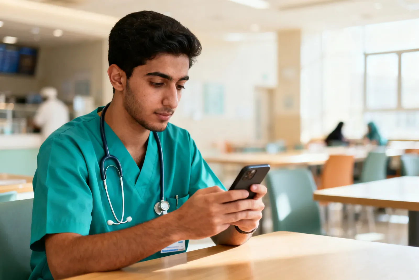 A young physician in teal scrubs seated in a bright hospital café, reading a study app on his phone in the morning