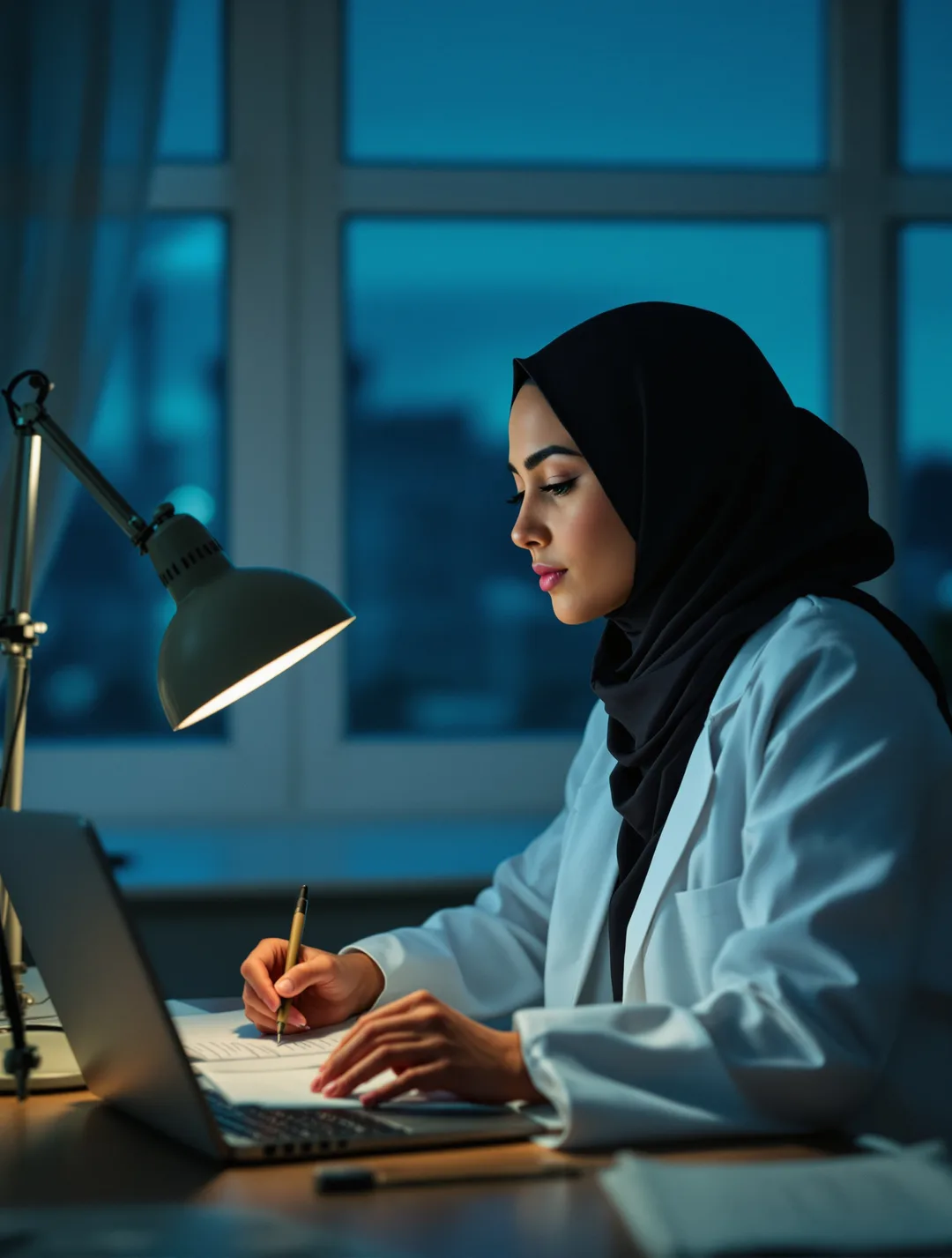 A young doctor in a hijab and white coat revising at a desk in the evening