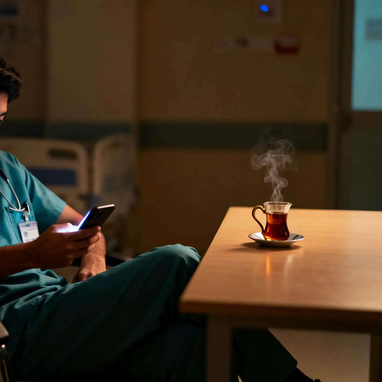 A physician in scrubs on a night shift break, reading a study app on his phone beside a steaming glass of tea