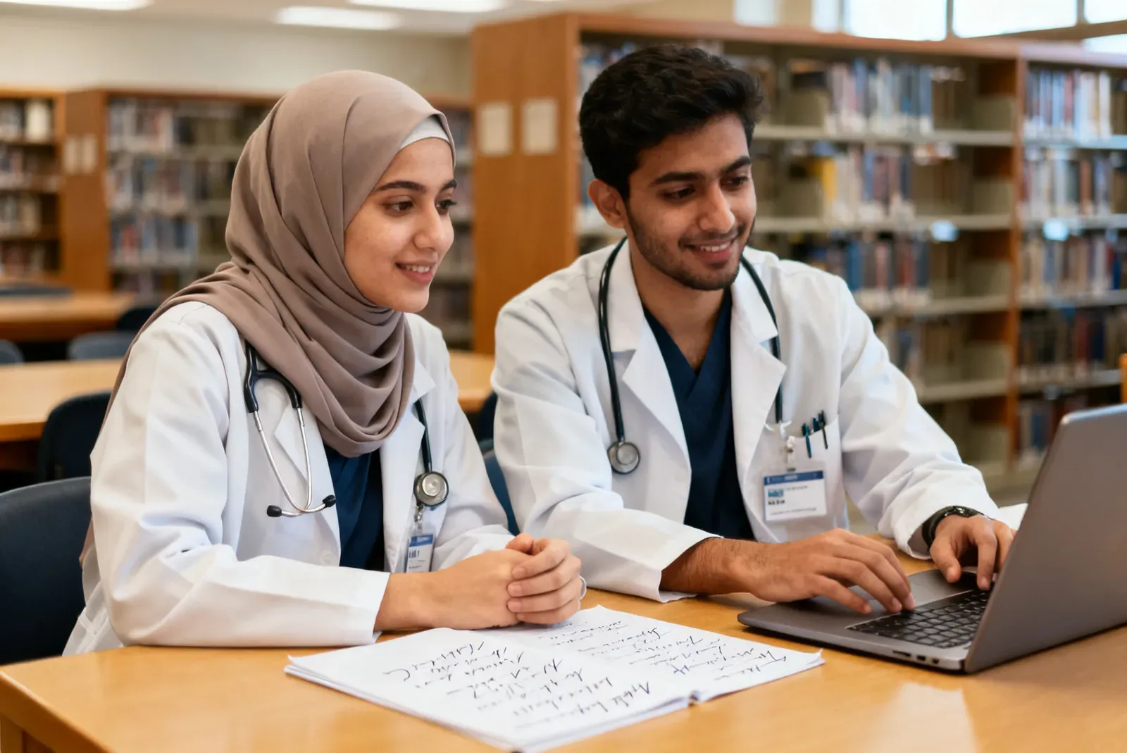 Two medical students at a library table, one wearing a hijab, studying a laptop and handwritten notes