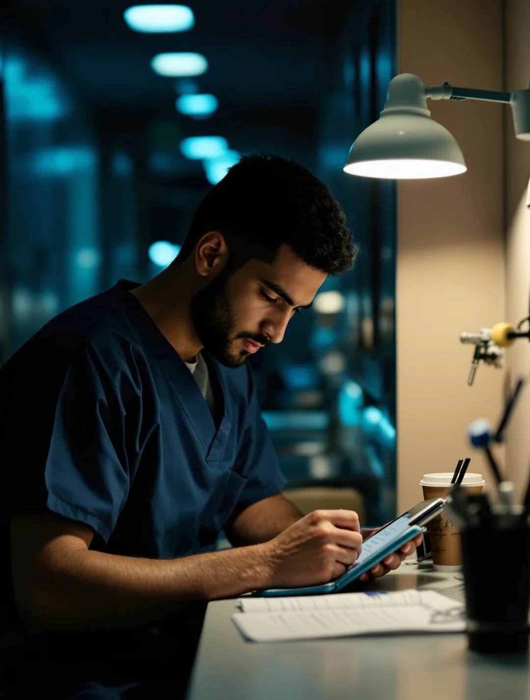 A young doctor in scrubs studying at a quiet ward station with a notebook and coffee