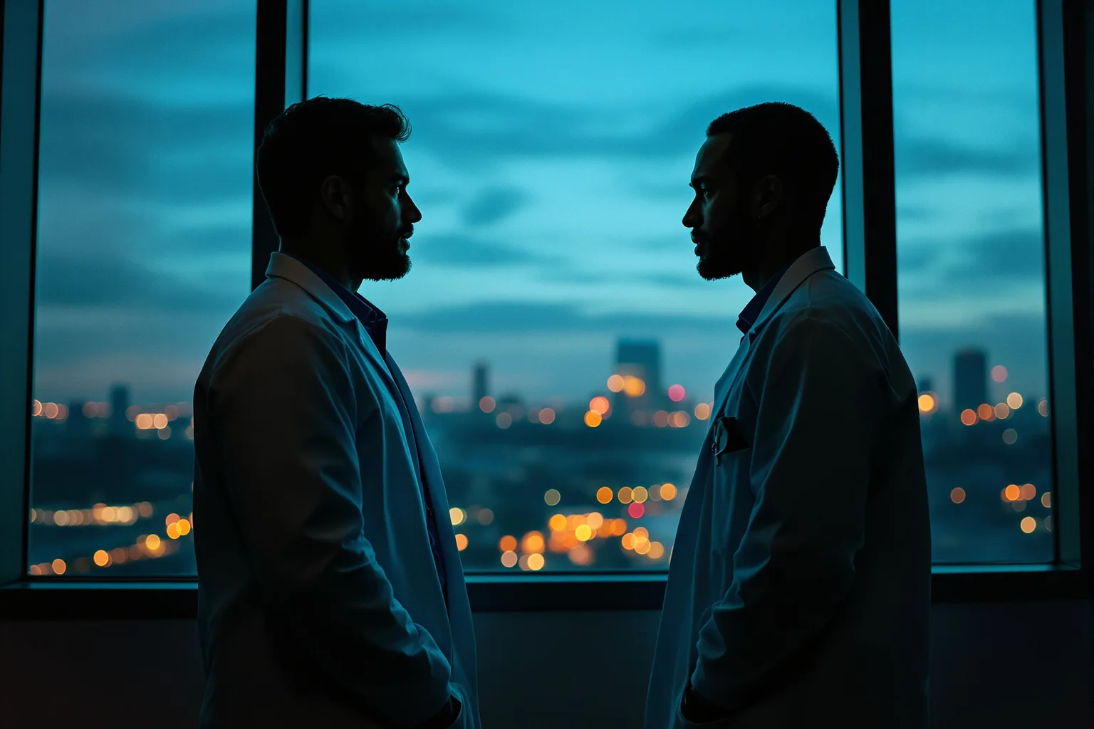 Two colleagues in medical dress talking by a tall hospital window at dusk
